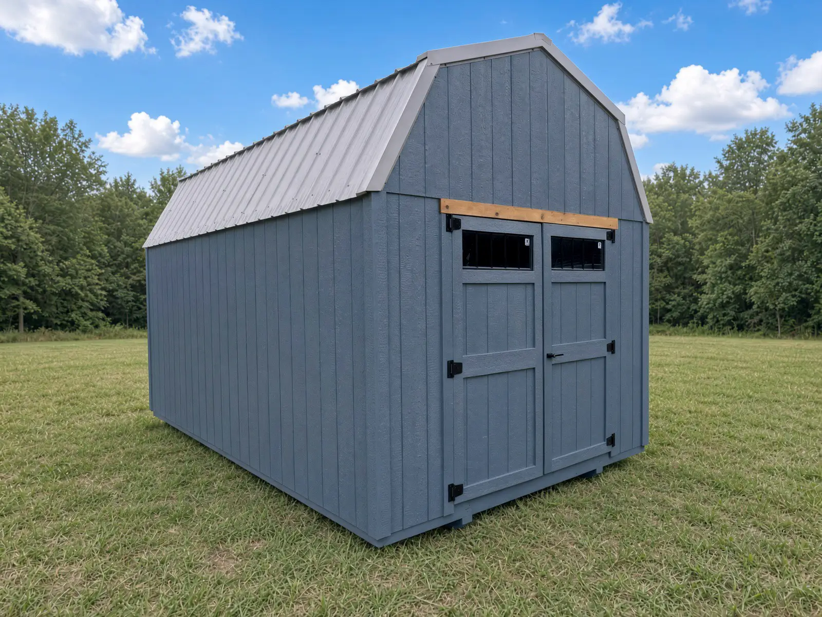Blue-grey Silverwood side-lofted barn with double doors on a Georgia lawn