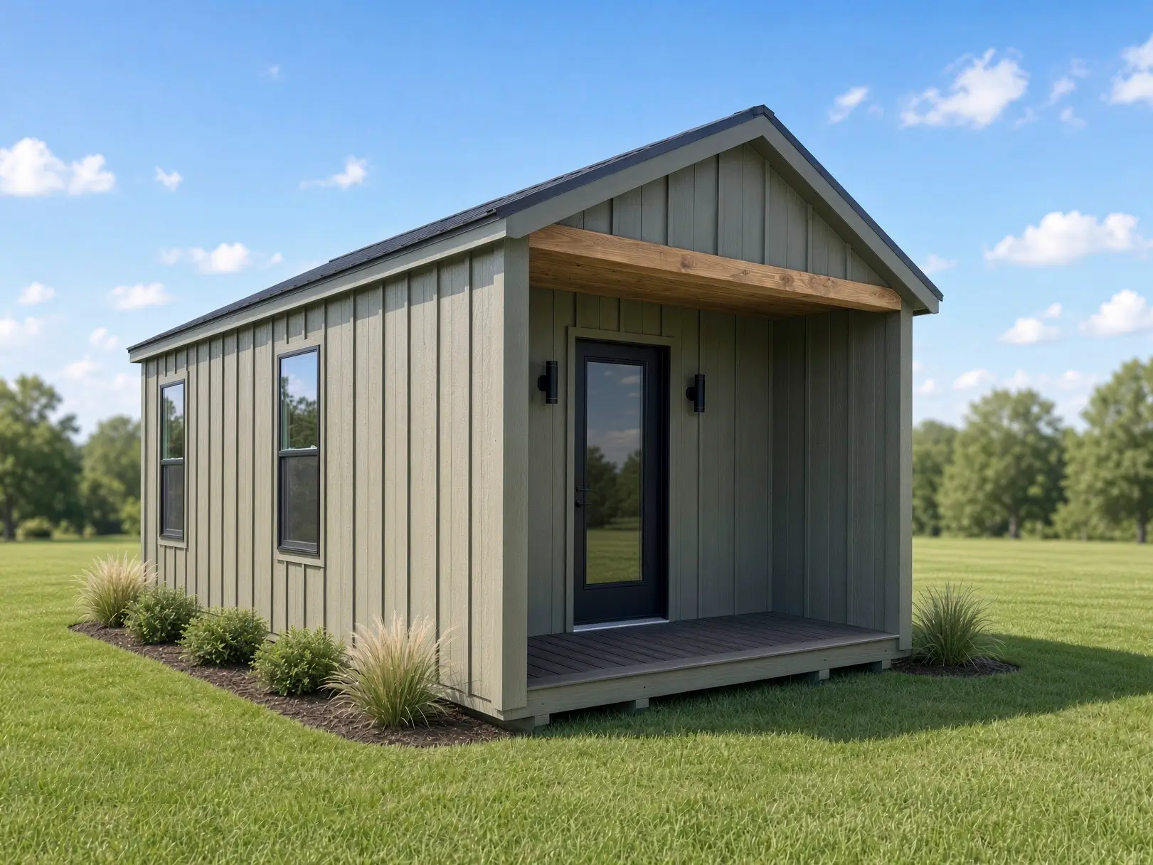 Silverwood studio building with a covered porch, glass door and sage siding