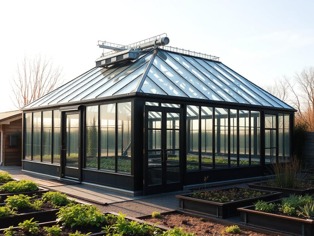 Glass greenhouse with black framing beside raised garden beds